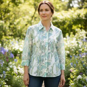 Coldwater Creek XL 1X Top Green Blue Button Artsy Burnout Resort Botanical Mori